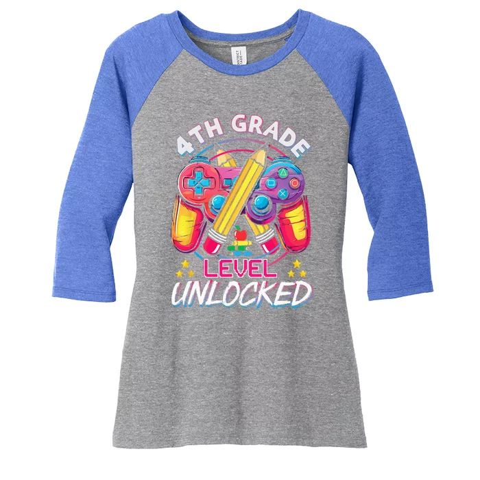 4th Grade Level Unlocked Video Game Back To School Women's Tri-Blend 3/4-Sleeve Raglan Shirt