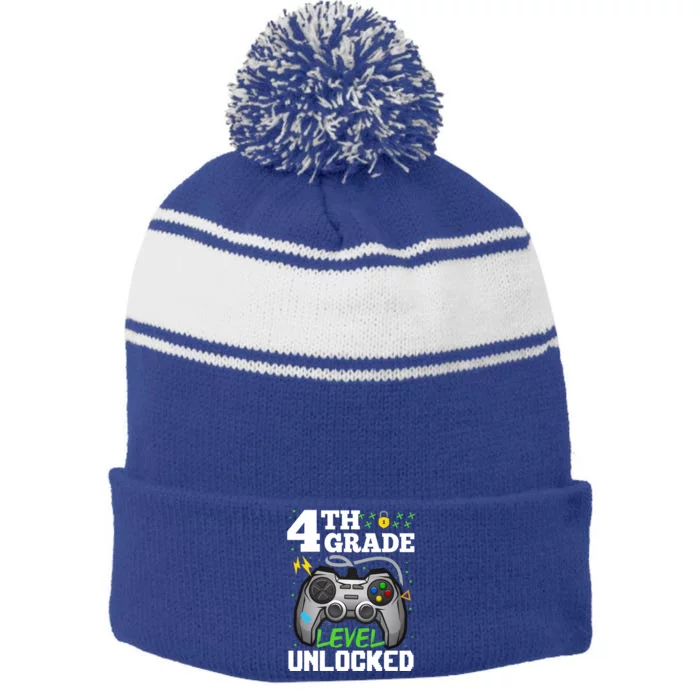 4Th Grade Level Unlocked Video Game Team Fourth Grade Cool Gift Stripe Pom Pom Beanie