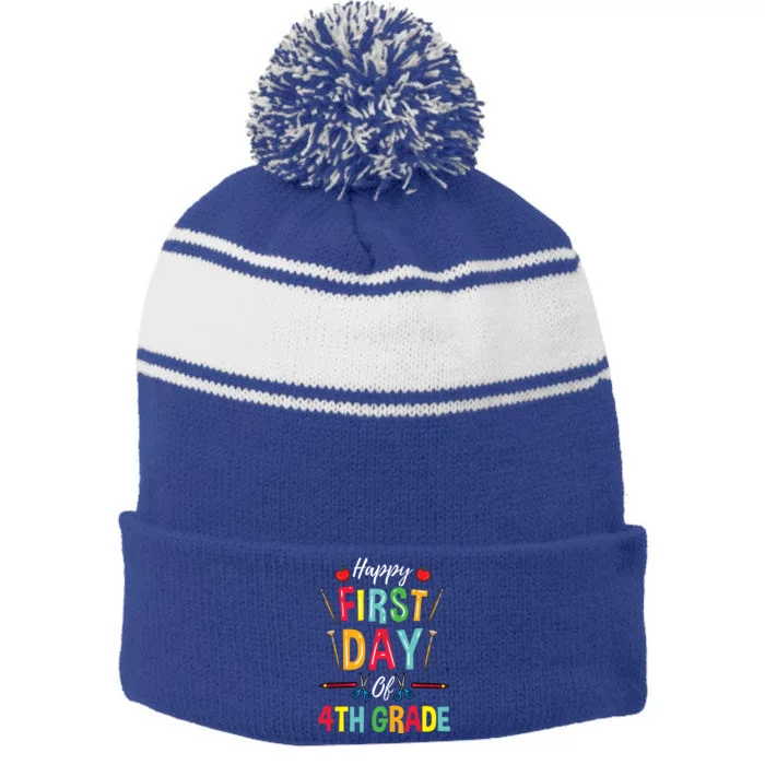 4Th Grade Teacher Happy First Day Of 4Th Grade Gift Stripe Pom Pom Beanie