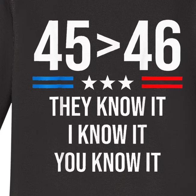 45 Is Greater Than 46 I Know It You Know It Funny Trump 2024 Baby Long Sleeve Bodysuit