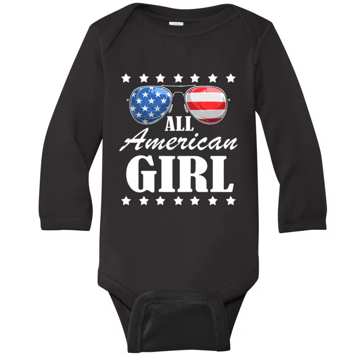 4th July America Independence Day Patriot Usa All American Girl Baby Long Sleeve Bodysuit