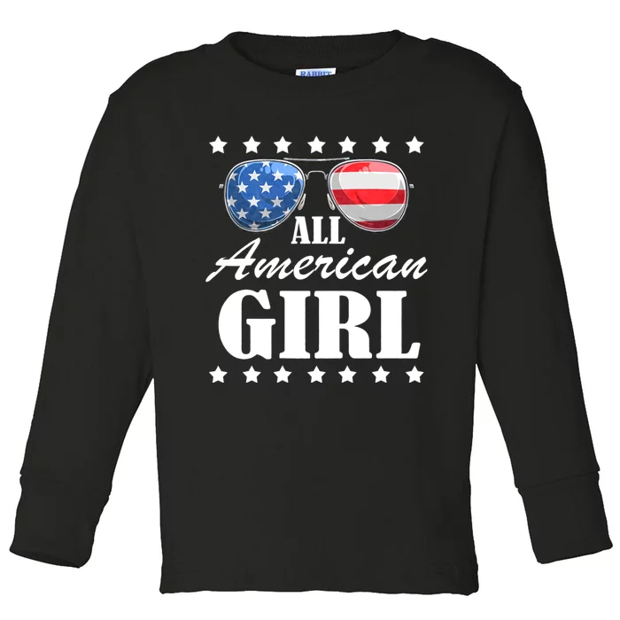 4th July America Independence Day Patriot Usa All American Girl Toddler Long Sleeve Shirt