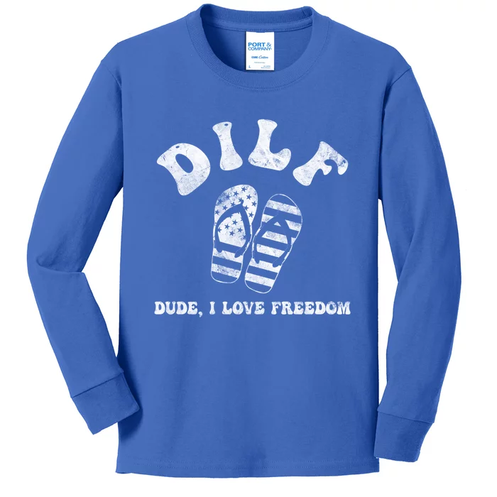 4th July Dilf Dude I Love Freedom American Flag Gift Kids Long Sleeve Shirt