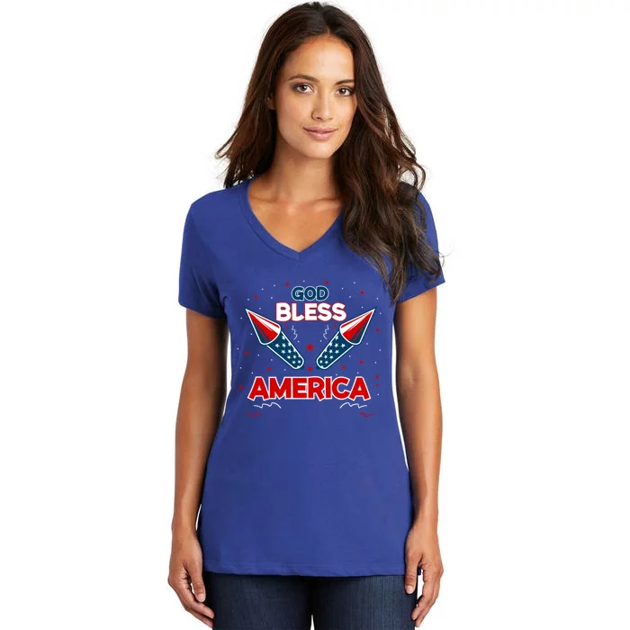 4th July Fireworks S Party Family God Bless America Gift Women's V-Neck T-Shirt