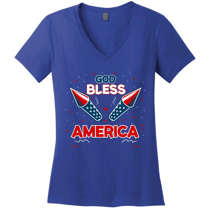 4th July Fireworks S Party Family God Bless America Gift Women's V-Neck T-Shirt