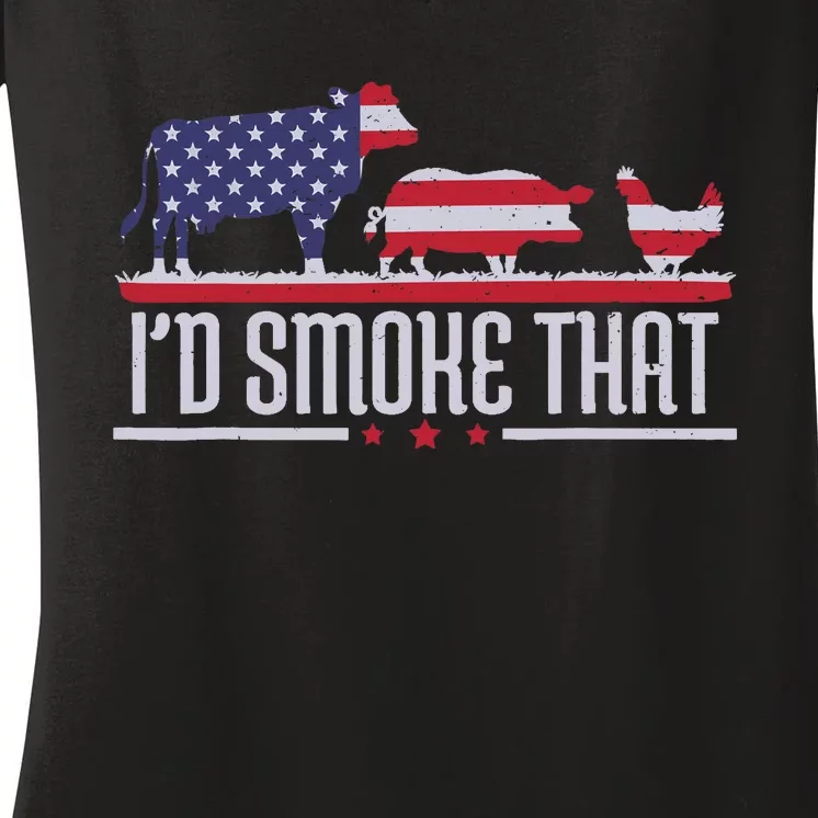 4th July I'd Smoke That Patriot BBQ Barbeque Cook Chef Women's V-Neck T-Shirt