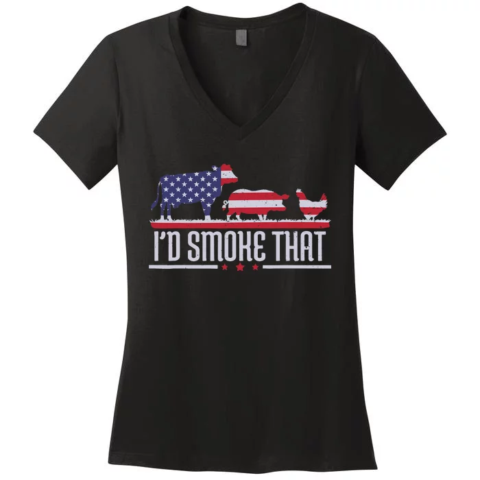 4th July I'd Smoke That Patriot BBQ Barbeque Cook Chef Women's V-Neck T-Shirt