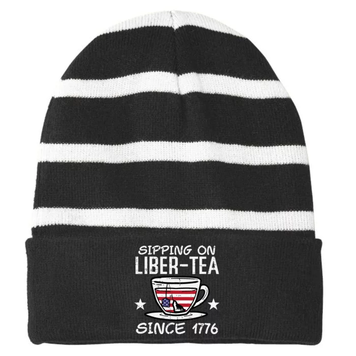 4th July Sipping Liber Tea Since 1776 USA America Striped Beanie with Solid Band