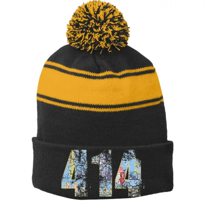 414 Milwaukee Flag Wisconsin Stripe Pom Pom Beanie