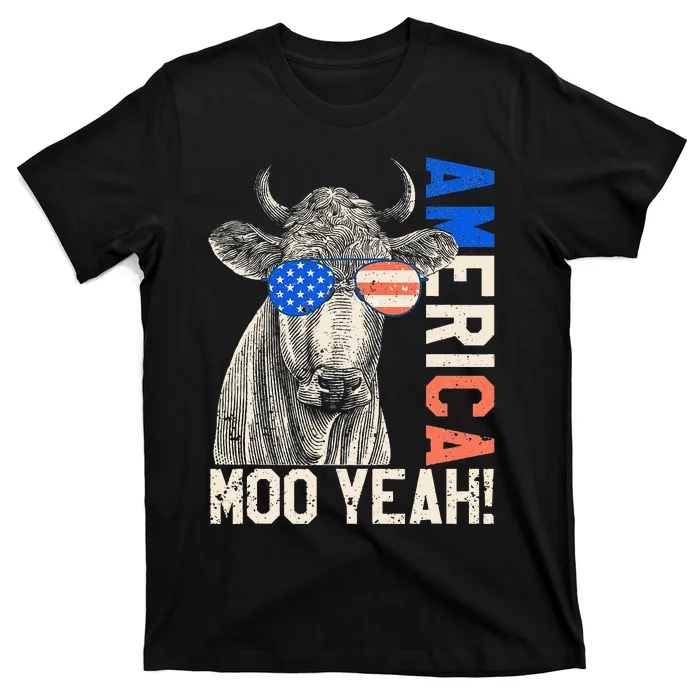 4th of July Funny Moo Yeah Cow Glasses US American Flag T-Shirt