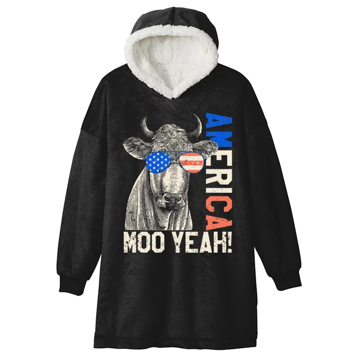 4th of July Funny Moo Yeah Cow Glasses US American Flag Hooded Wearable Blanket