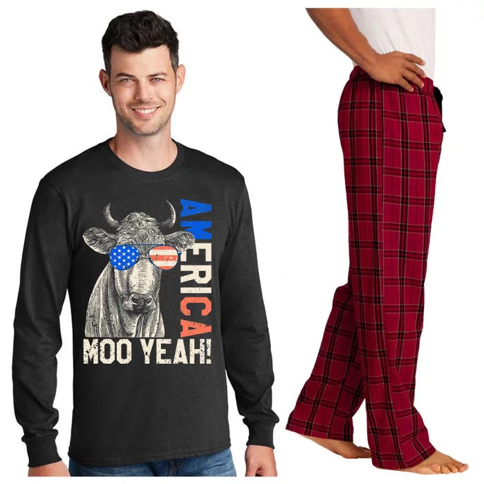 4th of July Funny Moo Yeah Cow Glasses US American Flag Long Sleeve Pajama Set