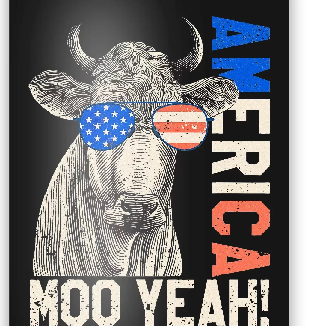 4th of July Funny Moo Yeah Cow Glasses US American Flag Poster