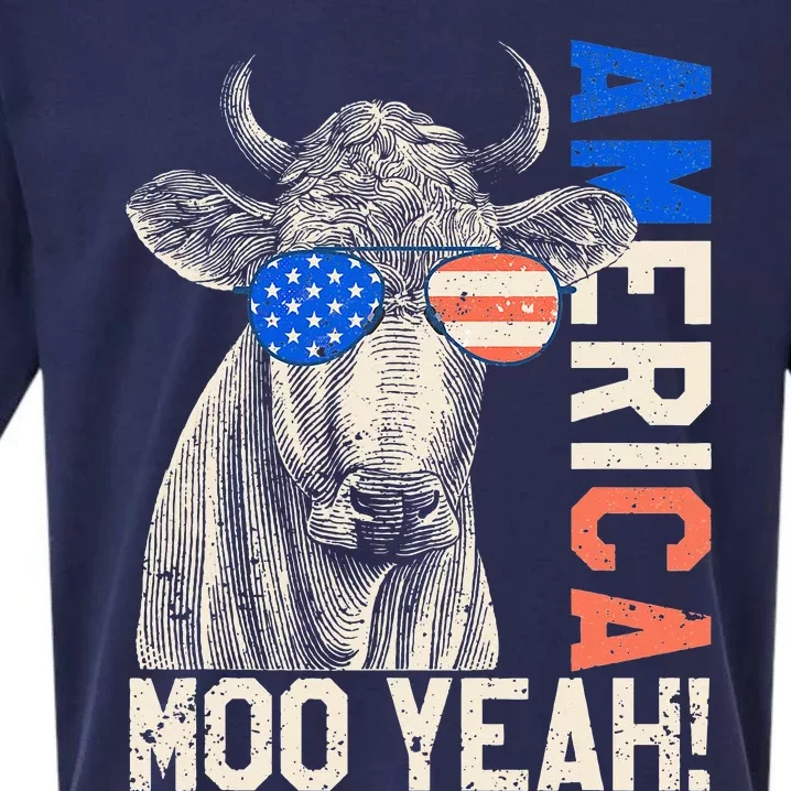 4th of July Funny Moo Yeah Cow Glasses US American Flag Sueded Cloud Jersey T-Shirt