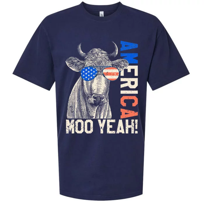 4th of July Funny Moo Yeah Cow Glasses US American Flag Sueded Cloud Jersey T-Shirt