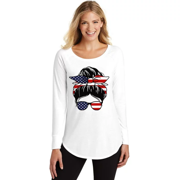 4th Of July Messy Bun July American Flag Women's Perfect Tri Tunic Long Sleeve Shirt