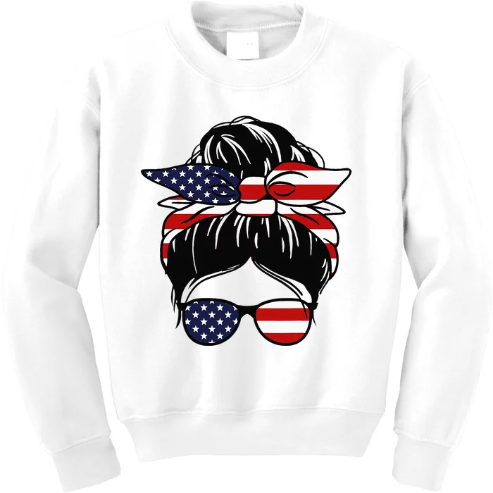 4th Of July Messy Bun July American Flag Kids Sweatshirt