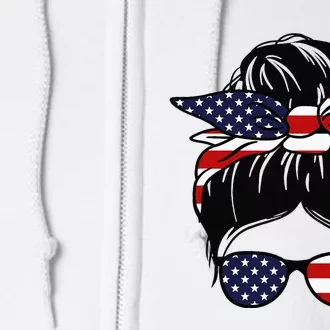 4th Of July Messy Bun July American Flag Full Zip Hoodie