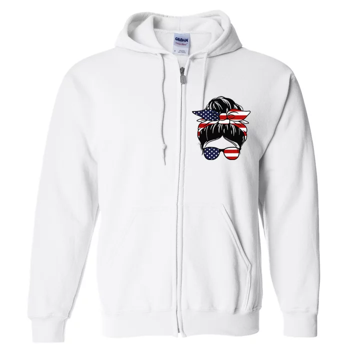 4th Of July Messy Bun July American Flag Full Zip Hoodie