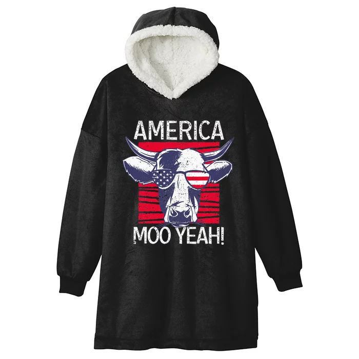 4th of July Funny Moo Yeah Cow Glasses US American Flag Hooded Wearable Blanket