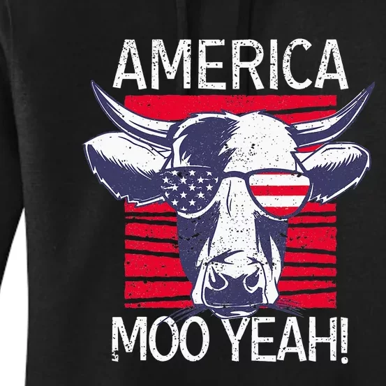 4th of July Funny Moo Yeah Cow Glasses US American Flag Women's Pullover Hoodie