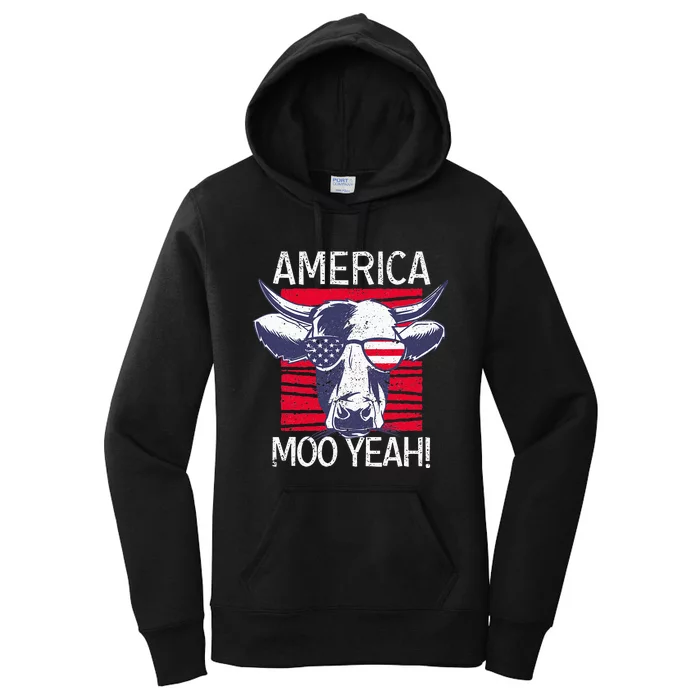 4th of July Funny Moo Yeah Cow Glasses US American Flag Women's Pullover Hoodie