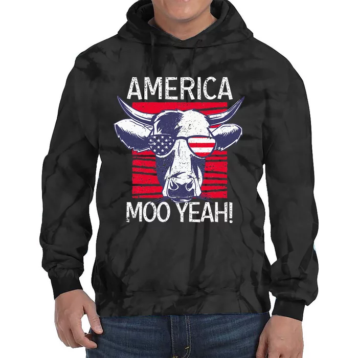 4th of July Funny Moo Yeah Cow Glasses US American Flag Tie Dye Hoodie