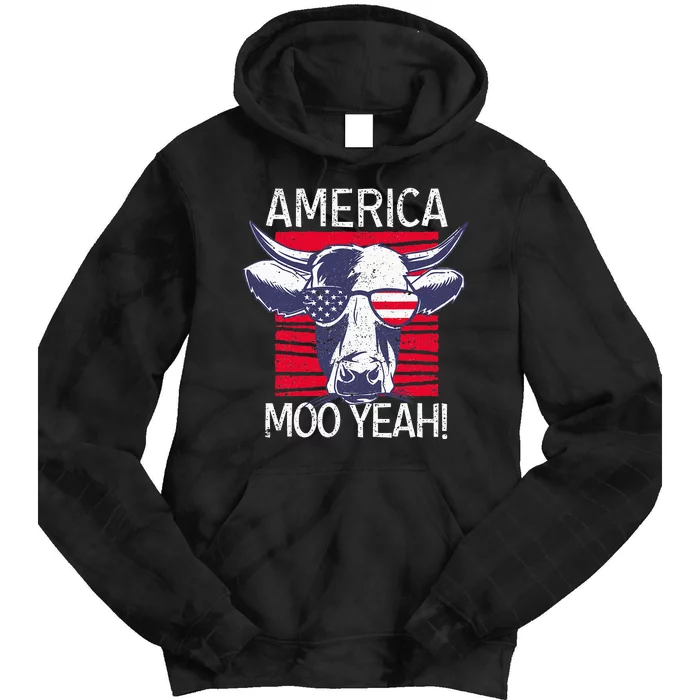 4th of July Funny Moo Yeah Cow Glasses US American Flag Tie Dye Hoodie