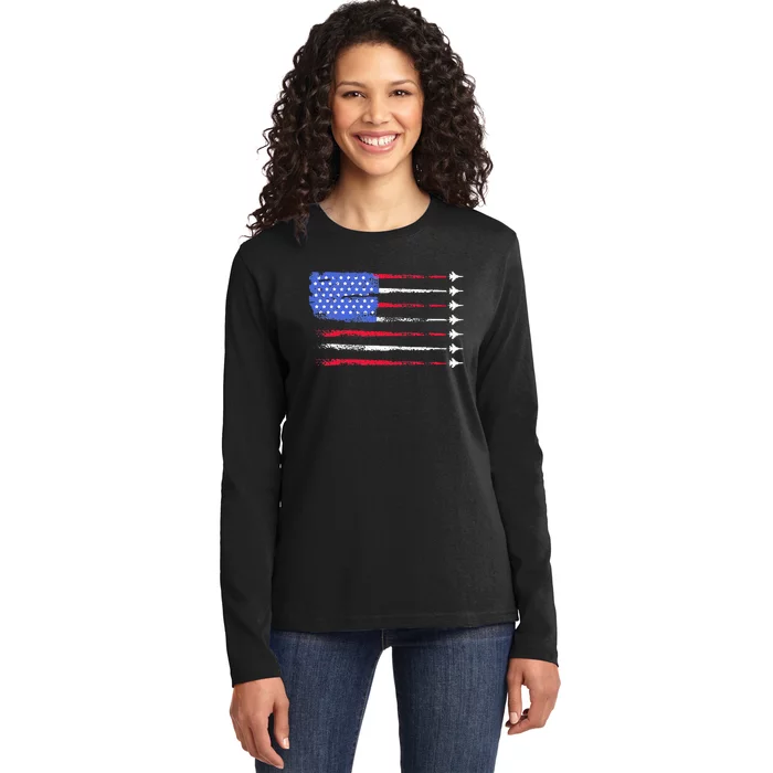 4th Of July Jet American Flag Patriotic Usa Ladies Long Sleeve Shirt