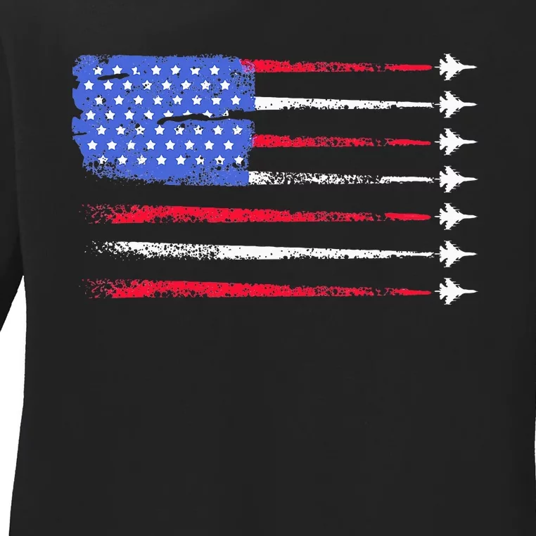 4th Of July Jet American Flag Patriotic Usa Ladies Long Sleeve Shirt