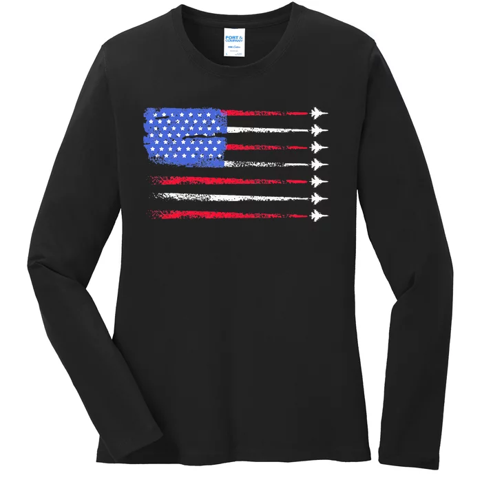 4th Of July Jet American Flag Patriotic Usa Ladies Long Sleeve Shirt