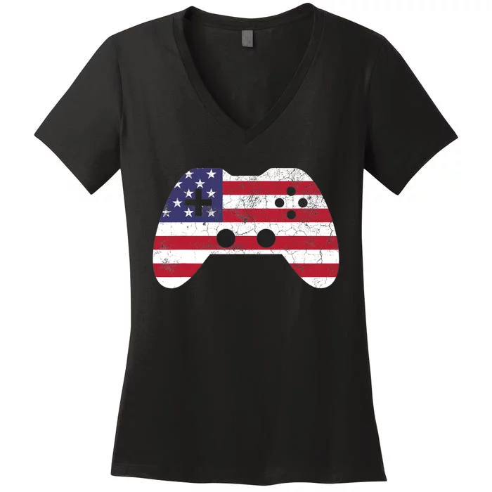 4th Of July T Video Game Gamer Boy USA Women's V-Neck T-Shirt