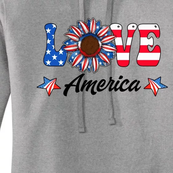 4th Of July Love America Sunflower Patriotic Us Usa Flag Cute Gift Women's Pullover Hoodie