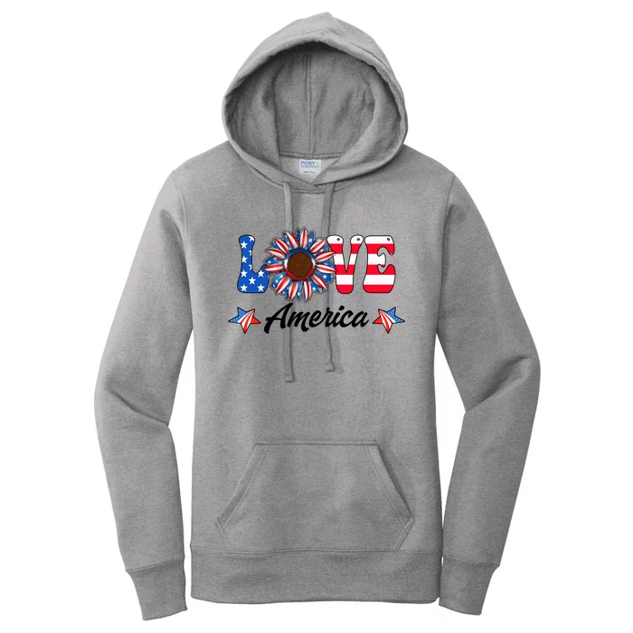 4th Of July Love America Sunflower Patriotic Us Usa Flag Cute Gift Women's Pullover Hoodie