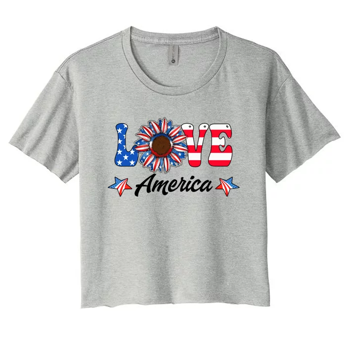 4th Of July Love America Sunflower Patriotic Us Usa Flag Cute Gift Women's Crop Top Tee