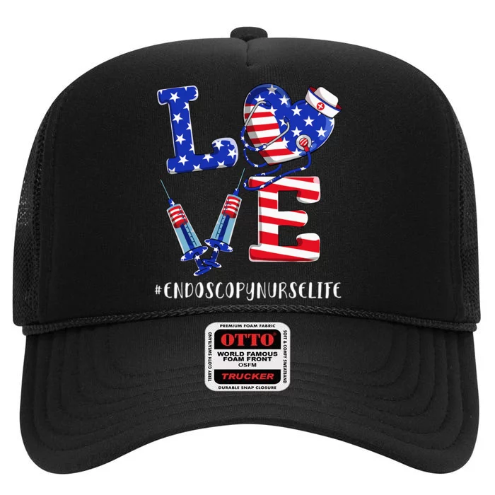 4th Of July usa Flag Love Endoscopy Nurse Life High Crown Mesh Trucker Hat