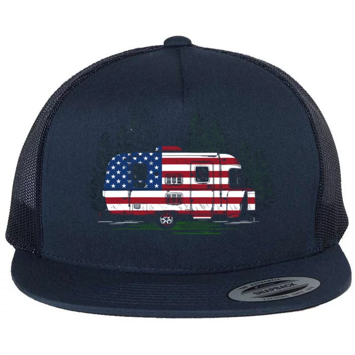 4th Of July Camping Trees Red White And Blue Freedom Flat Bill Trucker Hat