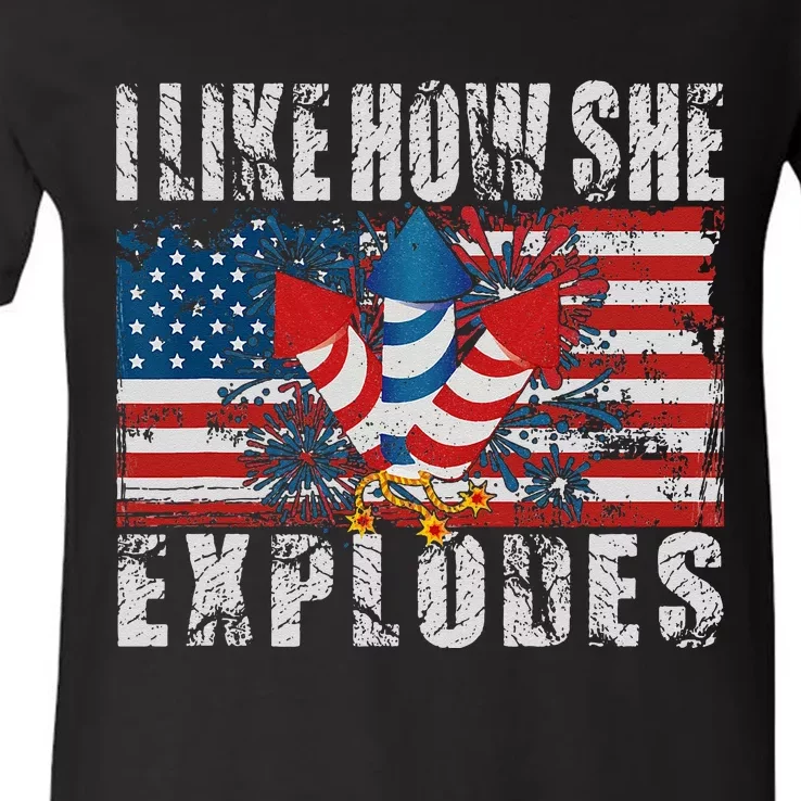 4th Of July I Like How She Explodes Firework USA Flag V-Neck T-Shirt