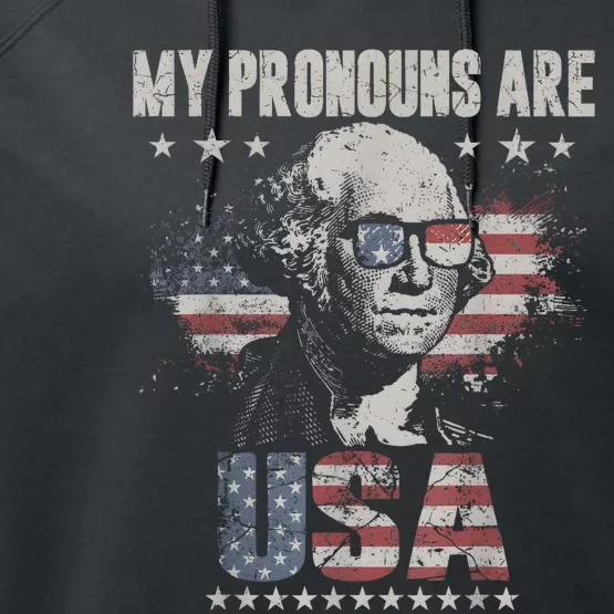 4th Of July My Pronouns Are USA Flag Design For Men & Women Performance Fleece Hoodie