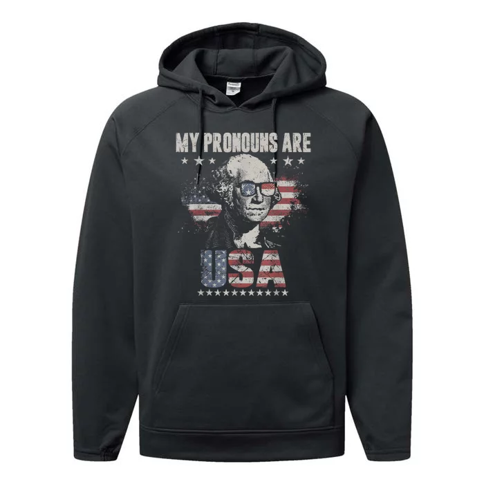 4th Of July My Pronouns Are USA Flag Design For Men & Women Performance Fleece Hoodie