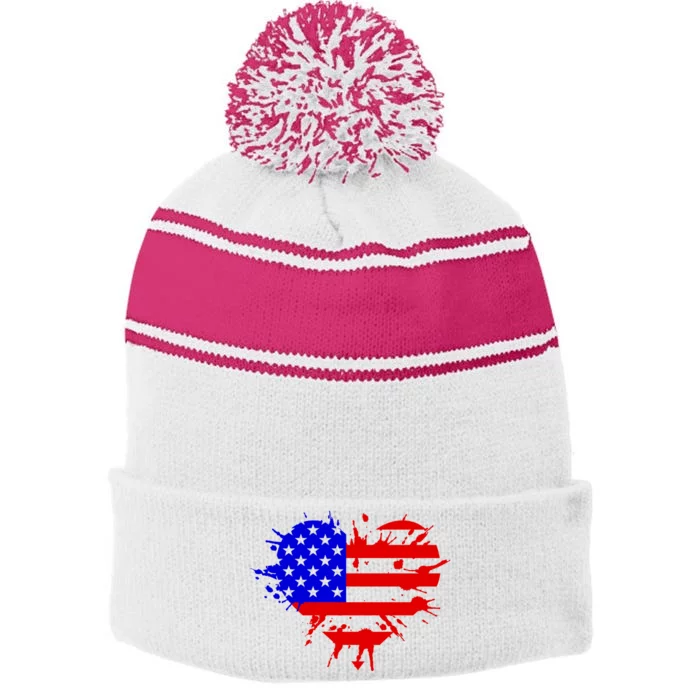 4th Of July USA Heart Stripe Pom Pom Beanie