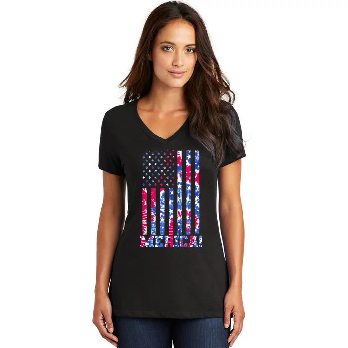 4th Of July Independence Day Tie Dye American Flag Patriotic Women's V-Neck T-Shirt