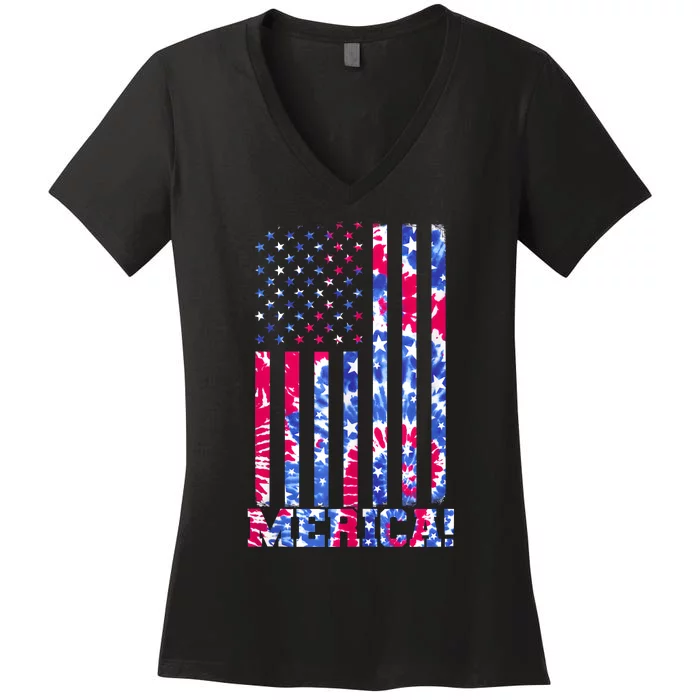 4th Of July Independence Day Tie Dye American Flag Patriotic Women's V-Neck T-Shirt