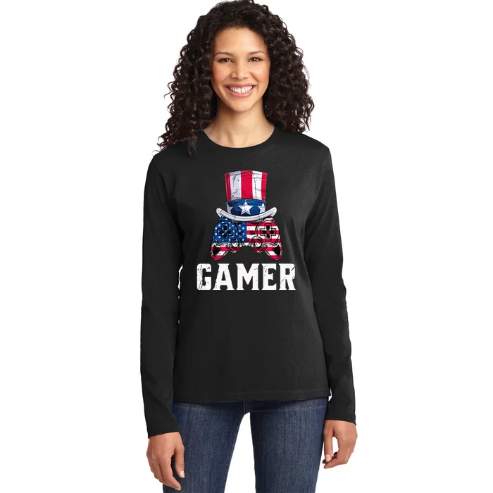 4Th Of July Video Game Controller Gamer Usa Flag Ladies Long Sleeve Shirt