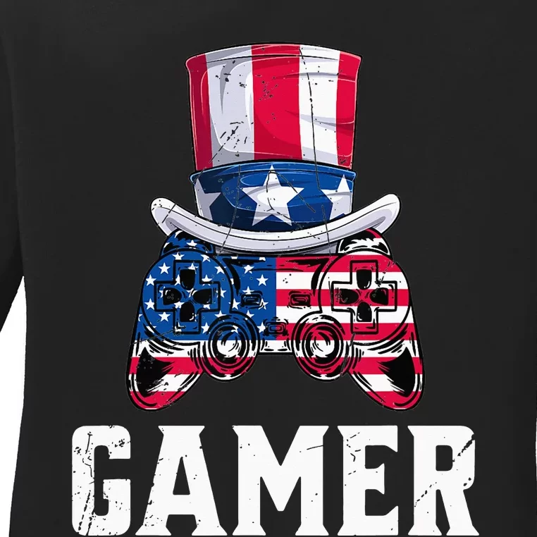 4Th Of July Video Game Controller Gamer Usa Flag Ladies Long Sleeve Shirt