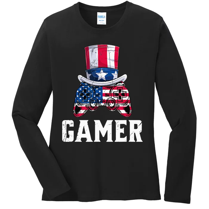 4Th Of July Video Game Controller Gamer Usa Flag Ladies Long Sleeve Shirt