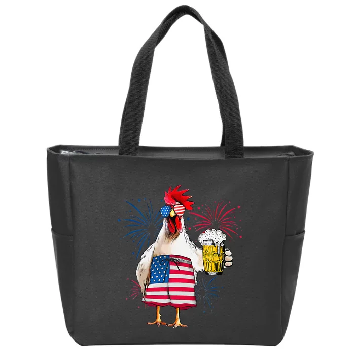 4th Of July American Flag Sunglasses Chicken Drink Beer Zip Tote Bag