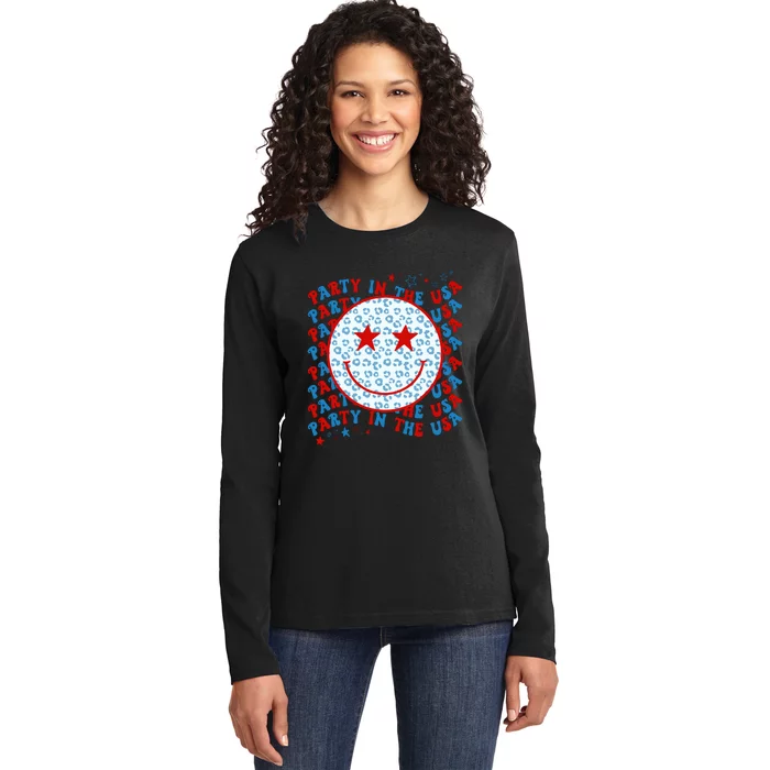 4th Of July Women Men Party In The USA Smiley Face Ladies Long Sleeve Shirt