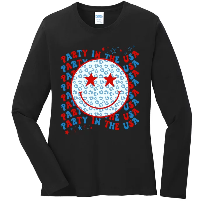 4th Of July Women Men Party In The USA Smiley Face Ladies Long Sleeve Shirt