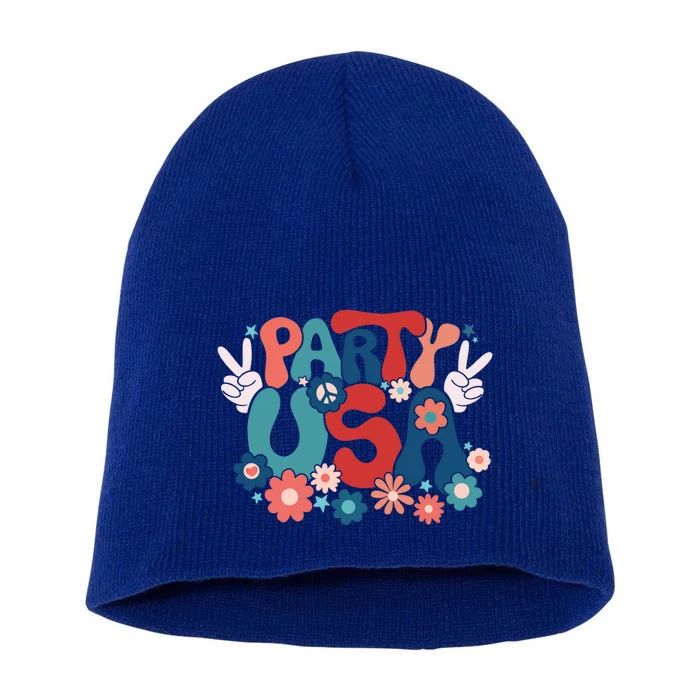 4th Of July Party Usa Flower Groovy Retro Gift Short Acrylic Beanie